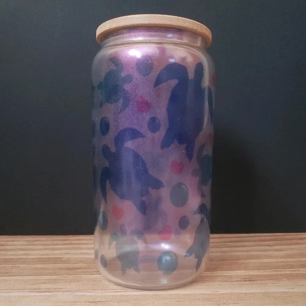Sea turtle purple chameleon glitter‎ glass cup with lid and straw